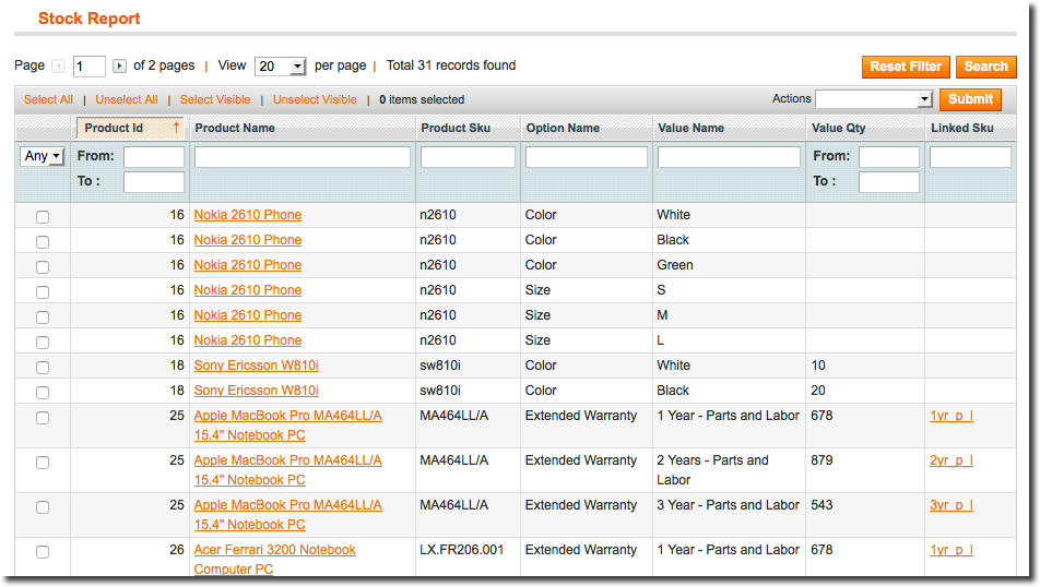 Stock custom options magento